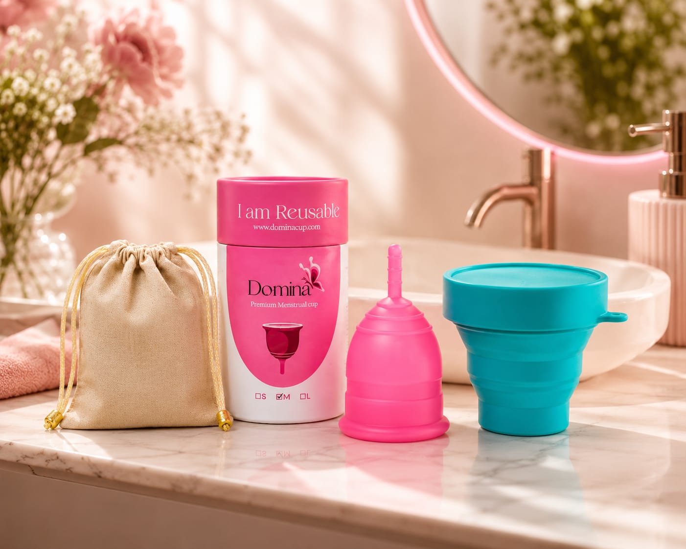 Domina menstrual cup, pouch, and sterilizer cup